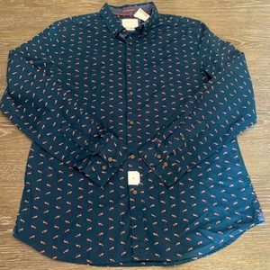 Men's Blue Fox Print Slim Long Sleeve Button-up Shirt - Denim & Flower SIZE XL